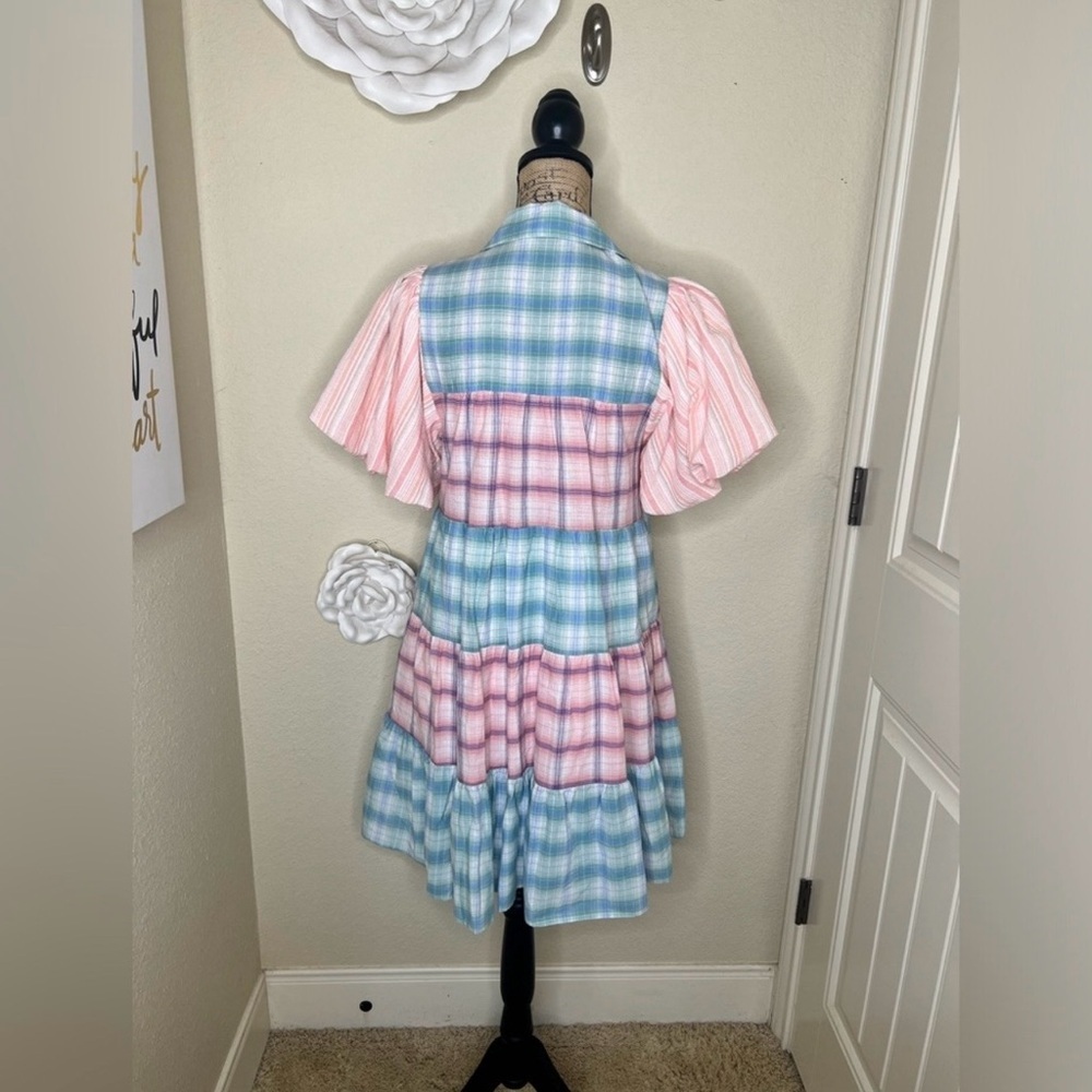NTM: Entro Bubble Sleeve Blue, Green, Pink & White Plaid Lined Mini Dress Sz L - Picture 9 of 14